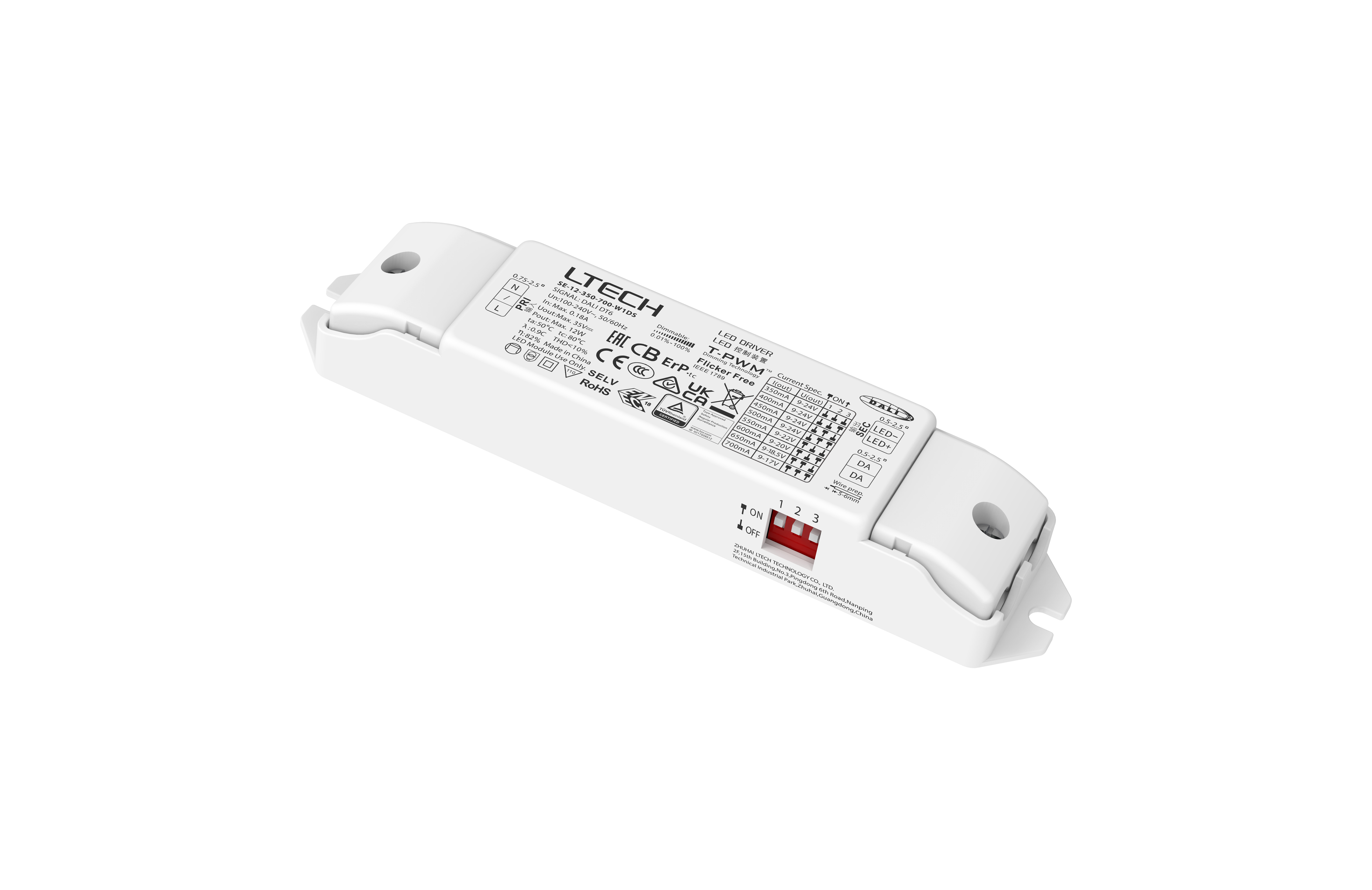 SE-12-350-700-W1DS  Intelligent LED Driver, DALI  0-100% Dim, PWM Digital Dim,DALI DT6, CC 12W 350-700mA 9-24Vdc  Out put Range.3.15-12W , IP20, 5yrs Warrenty.